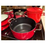 Set of Red Cookware Pots and Pans by KitchenAid and Farberware