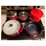 Set of Red Cookware Pots and Pans by KitchenAid and Farberware