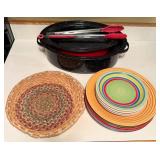 Enamel Roasting Pans with Tongs and Colorful Dining Plates