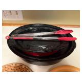 Enamel Roasting Pans with Tongs and Colorful Dining Plates