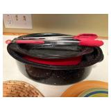 Enamel Roasting Pans with Tongs and Colorful Dining Plates