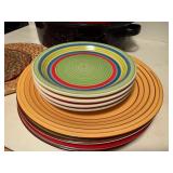 Enamel Roasting Pans with Tongs and Colorful Dining Plates