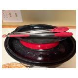 Enamel Roasting Pans with Tongs and Colorful Dining Plates