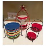 Colorful Stoneware Dishware Set with Metal Holders