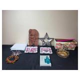 VTG Hand Carved (Elephant) Wooden Foldable Book Stand & Assorted Home Decor Collection Including Candles, Trinket Tray, and Decorative Plates