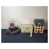 Rustic Wooden Candle Holder Set with Decorative House and Box