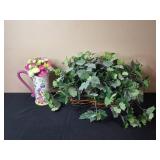 Decorative Floral Pitcher with Artificial Ivy Basket Arrangement