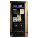Black Tall Bookcase with Storage and Assorted Colored Boxes