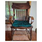 Wooden Chair with Armrests and Green Seat Cushion