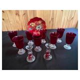 Vintage Red Goblet and Glass Candle Holders with Decorative Plate
