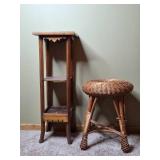 Vintage Wood Plant Stand and Wicker Stool Set