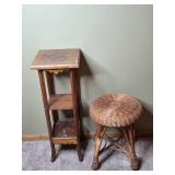 Vintage Wood Plant Stand and Wicker Stool Set