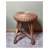 Vintage Wood Plant Stand and Wicker Stool Set