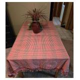 Wooden Dining Table with Tiled Top and Red Checkered Tablecloth