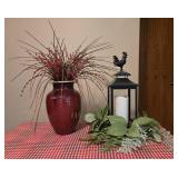 Wooden Dining Table with Tiled Top and Red Checkered Tablecloth