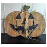Assorted Halloween Decorations Including Wooden Pumpkin and Light-Up Pieces