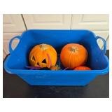 Assorted Halloween Decorations Including Wooden Pumpkin and Light-Up Pieces