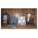 Assorted Decorative Items: Nativity Lantern, Gas Station Miniature, Stars, and Candle Holder