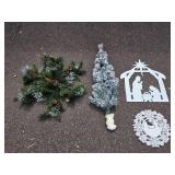 Christmas Decoration Set: Garland, Mini Tree, Snowflake LED Wall Decor, and Nativity Scene Silhouette
