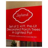 Set of 2 Joyland 4FT Pre-Lit Decorated Porch Trees in Lighted Pot