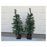 Pair of 3.5-Foot Pre-Lit Artificial Christmas Pine Trees with Decorative Base