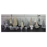 Collection of Holiday Decor: Glass Trees, Acrylic Figurines, and Angels