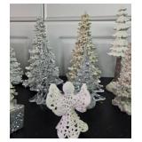 Collection of Holiday Decor: Glass Trees, Acrylic Figurines, and Angels