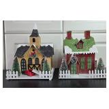 Set of 2 Glittery Christmas Village Houses with Winter Decorations