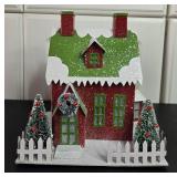 Set of 2 Glittery Christmas Village Houses with Winter Decorations