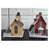 Set of 2 Glittery Christmas Village Houses with Winter Decorations
