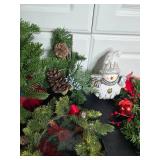 Collection of Holiday/Winter Decorations including Faux Greenery and Ornaments
