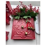 Collection of Holiday Decor: Red Themed Candle Holders, Nested Gift Boxes, and Wall Ornament