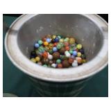 VINTAGE TARTAN TOTER PAIL FULL OF VINTAGE MARBLES
