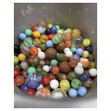 VINTAGE TARTAN TOTER PAIL FULL OF VINTAGE MARBLES