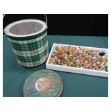 VINTAGE TARTAN TOTER PAIL FULL OF VINTAGE MARBLES