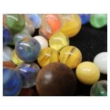 VINTAGE TARTAN TOTER PAIL FULL OF VINTAGE MARBLES