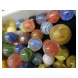 VINTAGE TARTAN TOTER PAIL FULL OF VINTAGE MARBLES