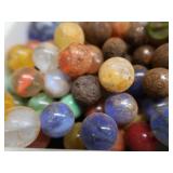 VINTAGE TARTAN TOTER PAIL FULL OF VINTAGE MARBLES