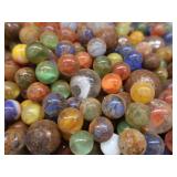 VINTAGE TARTAN TOTER PAIL FULL OF VINTAGE MARBLES