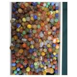 VINTAGE TARTAN TOTER PAIL FULL OF VINTAGE MARBLES