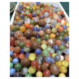 VINTAGE TARTAN TOTER PAIL FULL OF VINTAGE MARBLES