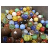 VINTAGE TARTAN TOTER PAIL FULL OF VINTAGE MARBLES