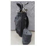 SET OF GOLF CLUBS W/ LEATHER GOLF BAG