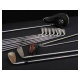 SET OF GOLF CLUBS W/ LEATHER GOLF BAG