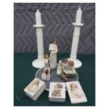 GLASS CANDLE STICK HOLDERS AND ASSORTED WILLOW TREE FIGURINES