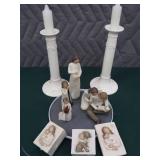 GLASS CANDLE STICK HOLDERS AND ASSORTED WILLOW TREE FIGURINES