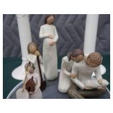 GLASS CANDLE STICK HOLDERS AND ASSORTED WILLOW TREE FIGURINES