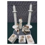 GLASS CANDLE STICK HOLDERS AND ASSORTED WILLOW TREE FIGURINES