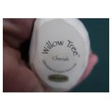 GLASS CANDLE STICK HOLDERS AND ASSORTED WILLOW TREE FIGURINES