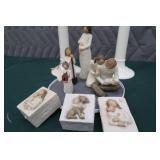 GLASS CANDLE STICK HOLDERS AND ASSORTED WILLOW TREE FIGURINES